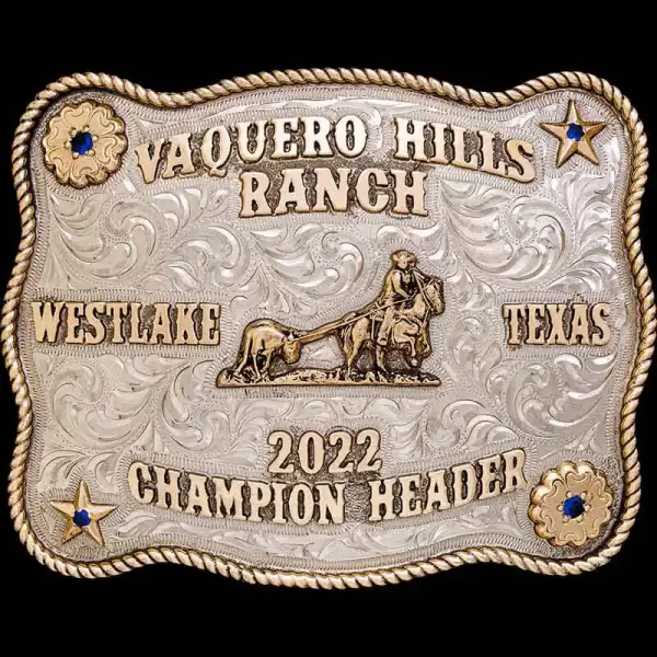 The Midland Classic Belt Buckle features a silver hand engraved base with bronze rope edge and lettering. Personalize this western design buckle with your logo or ranch brand now!